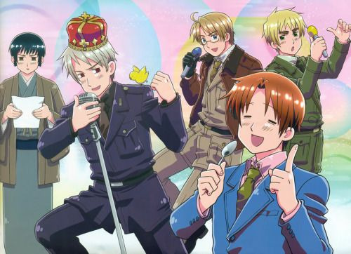 a weirdly illustrated picture of a few hetalia characters. from left to right: japan, prussia, america, england. in front: italy